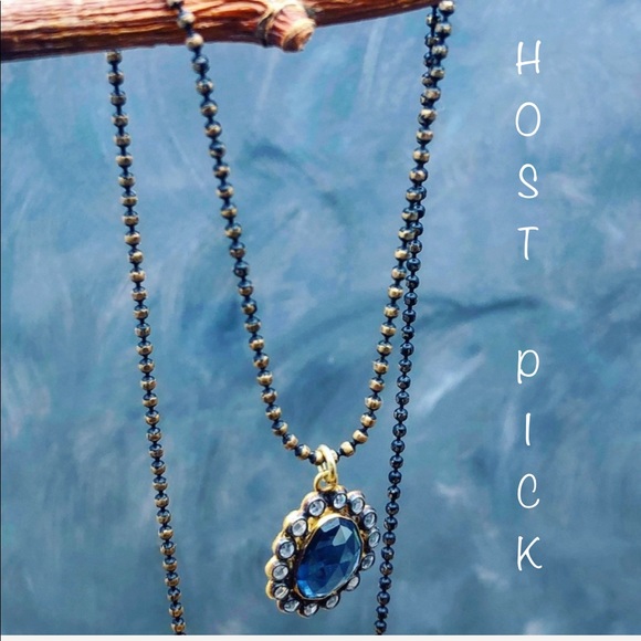 Blue Spinal & white sapphire black gold necklace